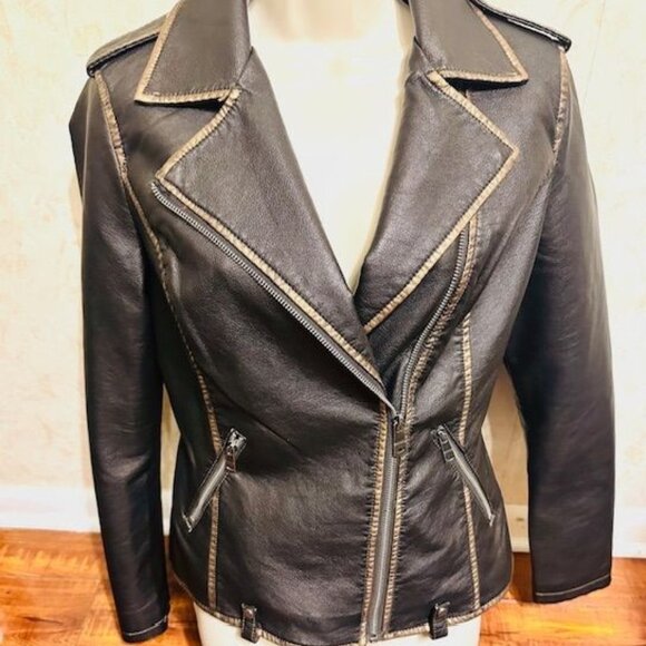 LA Coalition Dark Brown Faux Leather Moto Streetwear Edgy Tan Stitching Jacket S - Picture 3 of 9